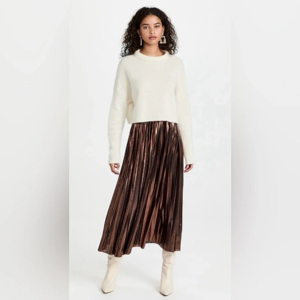 Free People En Saison Pleated Metallic Midi Skirt — Brown, NWT, Size L